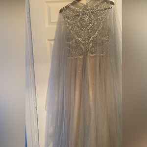 Rhinestone Silver and Gold Cape Sleeve Gown